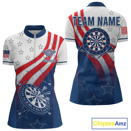 Personalized American Flag Womens Dart Shirts Custom Patriotic Red, White And Blue Darts Team Jersey TDM5150