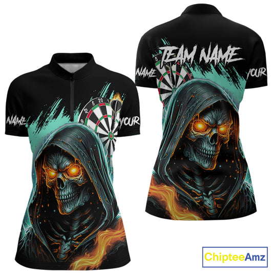Personalized Grim Reaper Fire Dart Shirts For Women Custom Skull Dart Jersey Polo & 1/4 Zip |Turquoise TDM5370