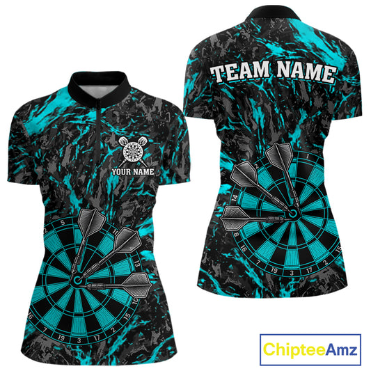 Custom Black And Blue Grunge Camo Dart Shirts For Women, Camouflage Dart Team Jersey Polo & 1/4 Zip TDM3960