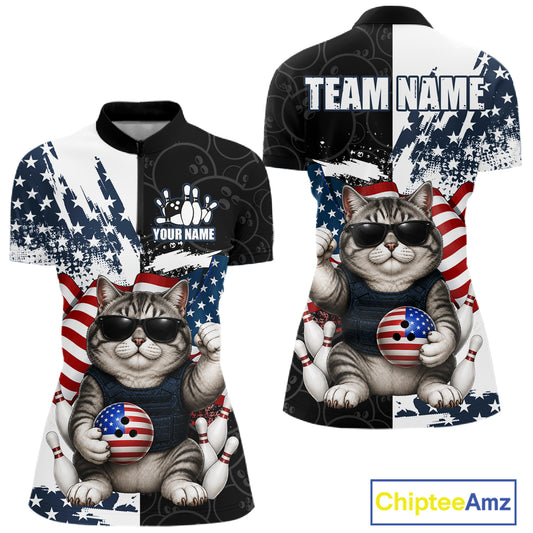 Personalized Funny Cat American Flag Bowling Jerseys For Women Custom Patriotic Bowling Team Shirts TDM7455