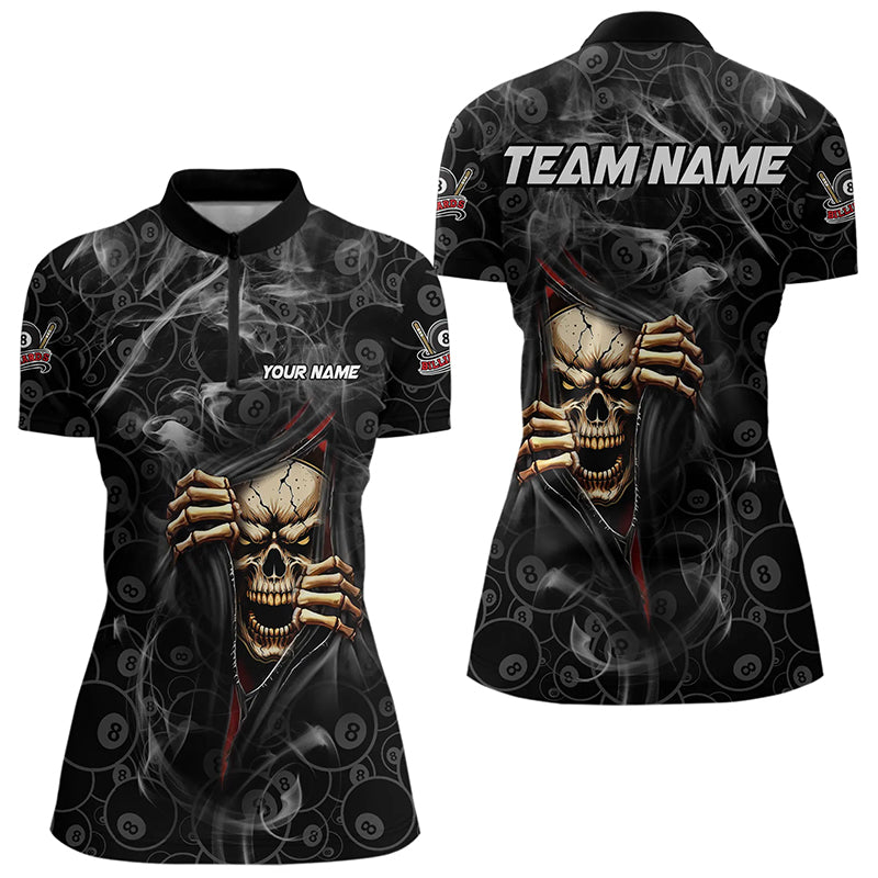 Personalized Skull 8 Ball Smoke Pattern Billiard Shirts For Women, 8 Ball Pool Black Billiard Jerseys TDM3157