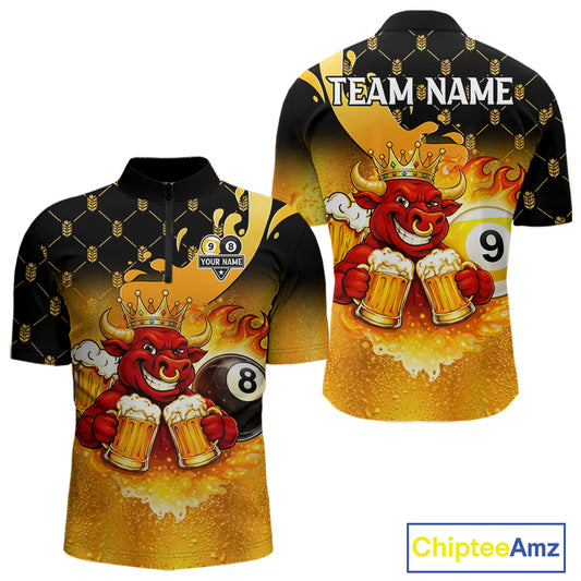 Funny Bull And Beer 8 Ball 9 Ball Billiard Shirt For Men Custom Billiard Team Jersey Polo, 1/4 Zip TDM5646