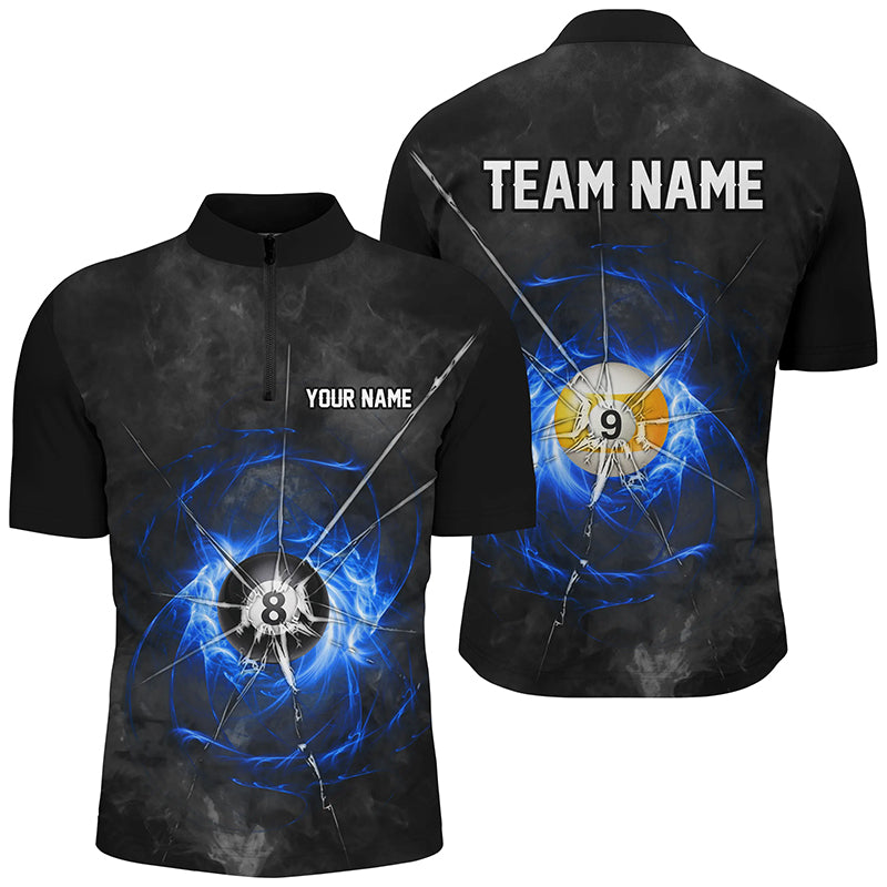 Billiard Ball 8 & Ball 9 Crack Glass Custom Men Polo & Quarter-Zip Shirts, Billiard Jersey |Blue TDM1744