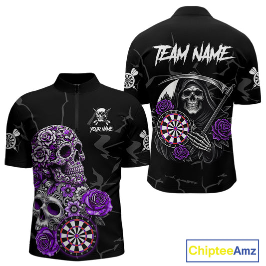Personalized Funny Purple Skull Roses Darts Shirt For Men Custom Darts Team Jersey, Darts Outfit TDM4144
