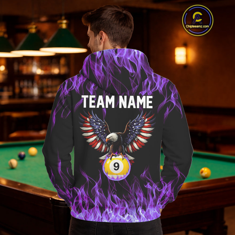 Purple Flaming American Flag Eagle 8 Ball & 9 Ball Pool Hoodie Custom Billiard Hoodie Team Jersey TDM5653
