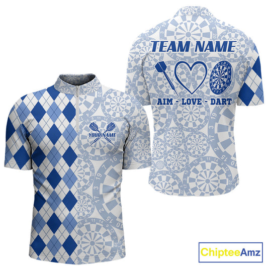 Aim Love Darts Custom Blue Argyle Men Darts Polo & 1/4 Shirts, Funny Darts Shirts Dart Team Jersey TDM5663