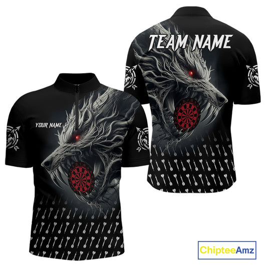 Personalized Viking 3D Wolf Dart Shirts For Men Custom Black Dart Team Jerseys Polo & Quarter Zip TDM3848