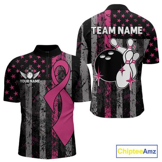 Custom Pink Ribbon Grunge American Flag Bowling Shirt For Men, Breast Cancer Bowling Team Jersey TDM6289