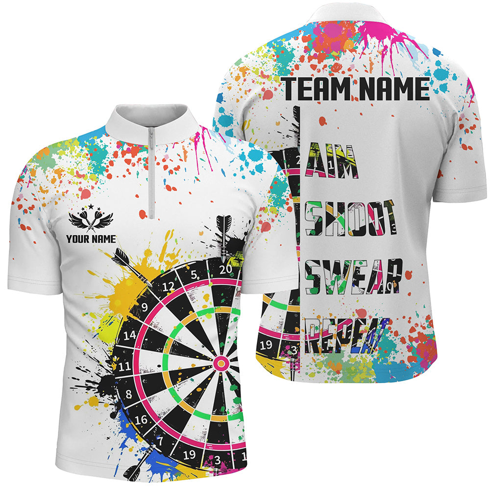 ChipteeAmz Funny Dartboards Colorful Paint Aim Shoot Swear Repeat Darts Shirt for Men Custom Darts Team Jersey TDM1585 Short Sleeve Quarter Zip S