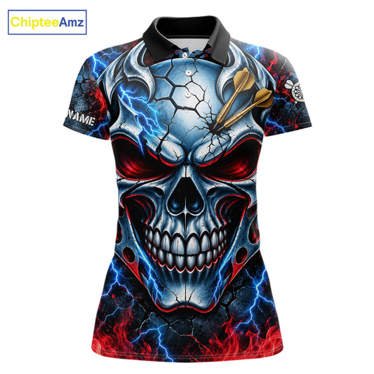 Lightning Blue And Red Custom Skull Darts Shirts For Women, Flame Darts Team Jersey Polo & 1/4 Zip TDM7814
