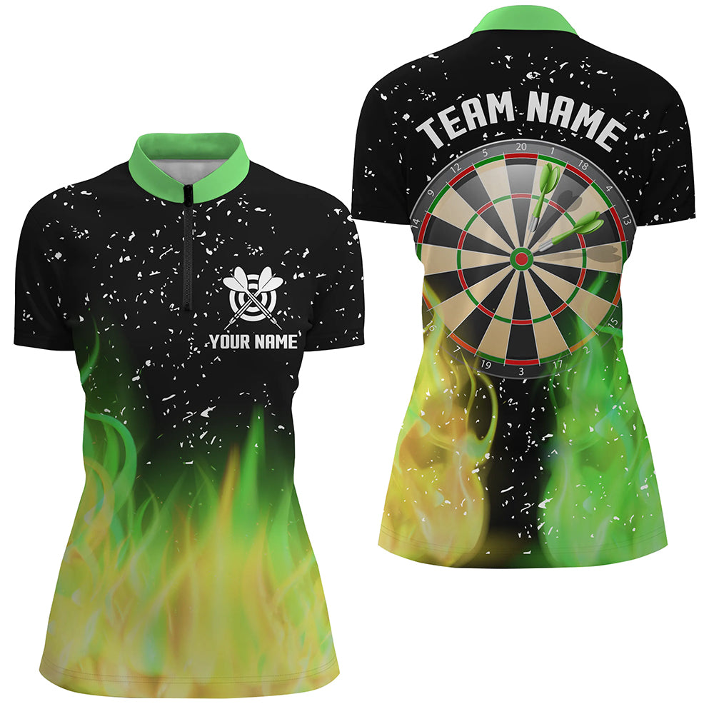 Green And Yellow Fire Dartboard Women Darts Quarter Zip Shirts Custom Chipteeamz 5823