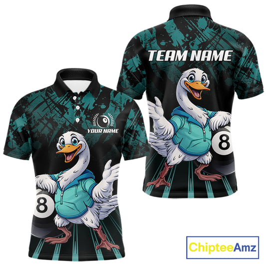 Black And Teal Grunge 8 Ball Pool Billiard Shirt For Men Custom Funny Duck Pool Team Jersey NYN3012