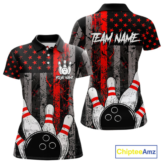 Red Grunge American Flag Bowling Shirts for Women Custom Patriotic Bowling League Team Jersey TDM7474