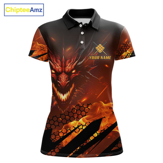Personalized Orange Flaming Dragon 9 Ball Billiard Shirt For Women, Pool Team Jersey Polo & 1/4 Zip TDM7494