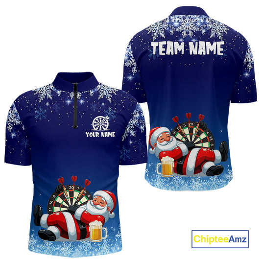 Funny Santa Blue Christmas Darts Shirt For Men Custom Snowflake Xmas Darts Jersey Gifts TDM5190