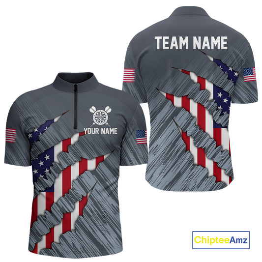 American Flag Grey Grunge Darts Polo & Quarter Zip Custom Dart Shirt For Men Patriotic Dart Jersey TDM4998