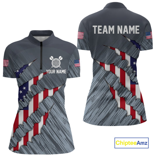American Flag Grey Grunge Darts Polo & Quarter Zip Custom Dart Shirt For Women Patriotic Dart Jersey TDM4998