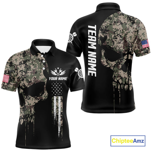 Retro Camouflage Skull Darts Shirt For Men Custom Patriotic US Flag Darts Jersey Polo & 1/4 Zip TDM7845