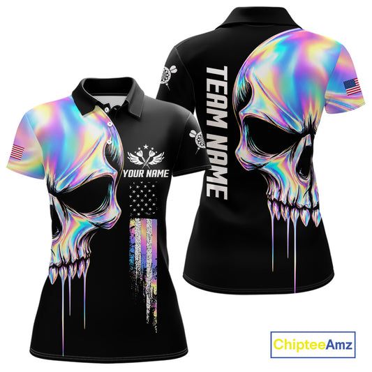 Black And Holographic Skull Darts Shirt For Women Custom US Flag Darts Team Jersey Polo & 1/4 Zip TDM7846