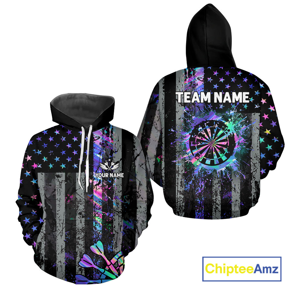 Custom Holographic Grunge US Flag Darts Hoodie Shirt For Men And Women, Patriotic Darts Team Jersey TDM5455
