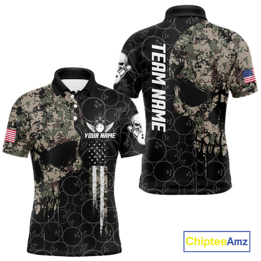 Retro Camo Skull Bowling Shirts For Men Custom US Flag Bowling Team Jersey Polo & Quarter Zip TDM7861