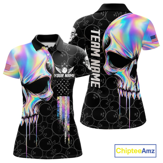 Black And Holographic Skull Bowling Shirts For Women Custom Patriotic US Flag Bowling Team Jersey TDM7862