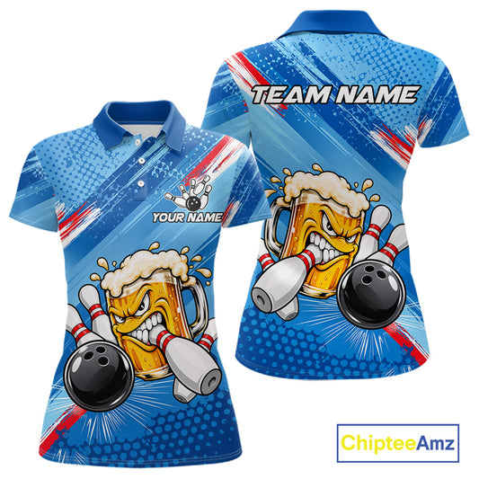 Blue Funny Beer Bowling Jersey For Women Custom Bowling League Bowling Team Shirts Polo & 1/4 Zip TDM7879