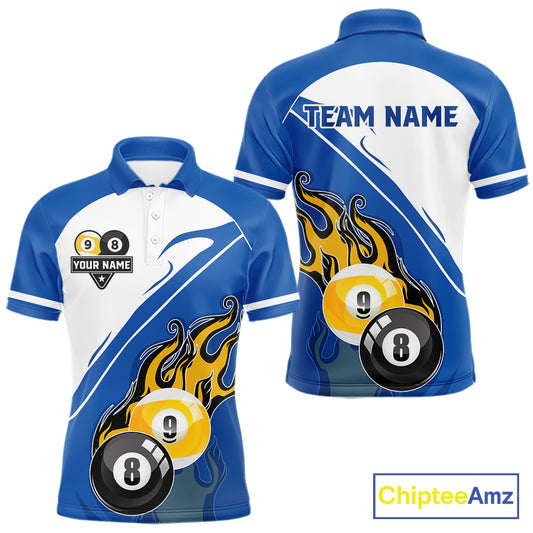 White And Blue 8 Ball & 9 Ball Flame Billiard Shirt For Men Custom Pool Team Jersey Polo & 1/4 Zip TDM6345