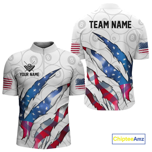 Custom Glowing American Flag 8 Ball Billiard Shirt For Men, Patriotic Billiard Team Jerseys |White TDM4596