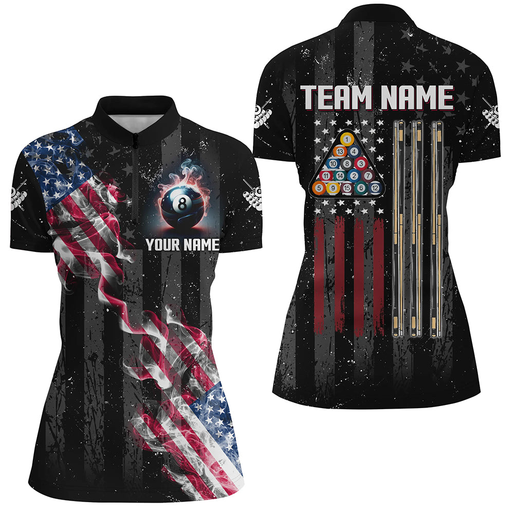 Personalized Black Grunge US Flag Smoke Billiard Shirts For Women, Patriotic Billiard Team Jerseys TDM2759