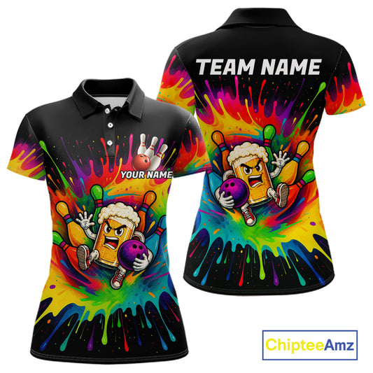 Colorful Bowling Jerseys Funny Beer Bowling Polo, Quarter Zip For Women Custom Bowling Team Shirts TDM7559