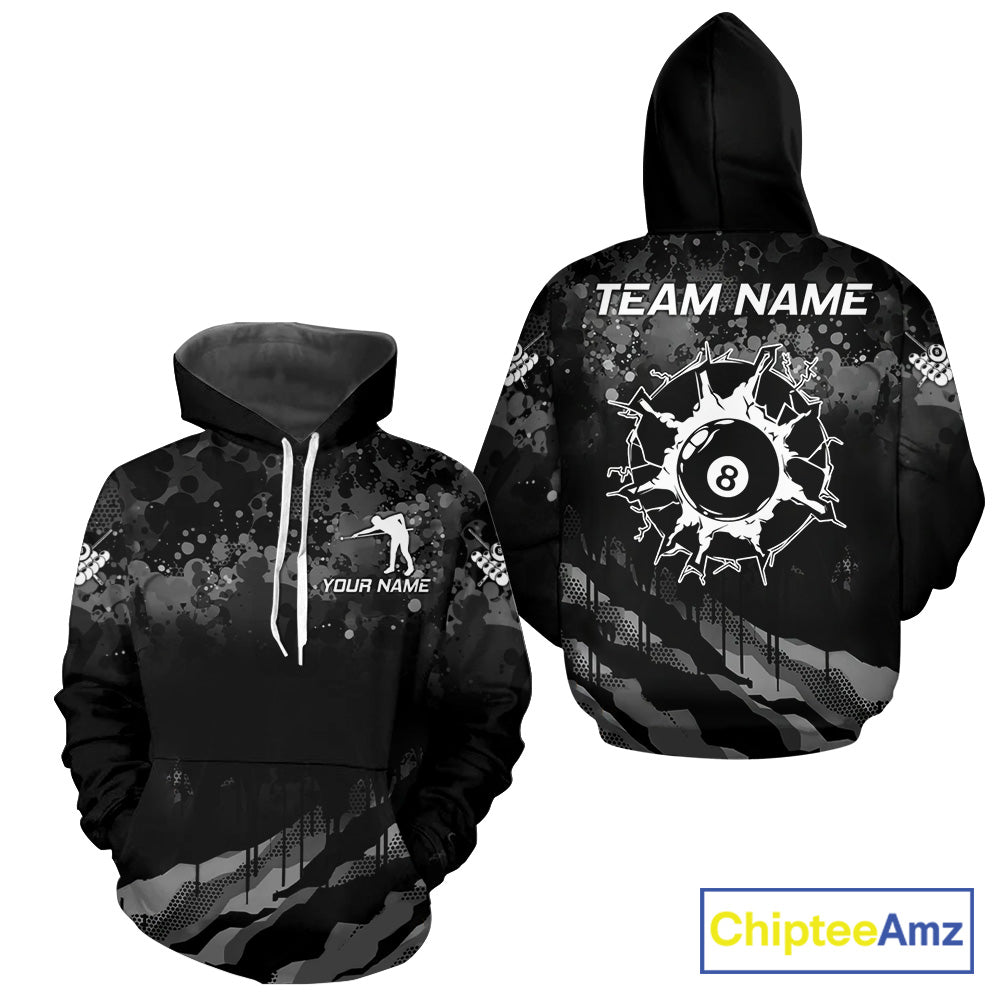 Personalized Grunge Camo 8 Ball Pool Billiard Hoodie For Men Custom Black Billiard Team Shirts TDM3250