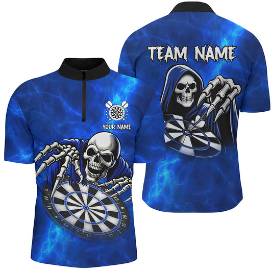 Grim Reaper Custom Blue Dart Shirts For Men, Personalized Name 3D Skull Dart Team Jerseys TDM3018