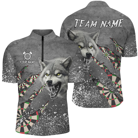Personalized Grey Grunge Wolf Dart Shirts For Men, Darts League Team Shirts Cool Dart Jerseys TDM3317