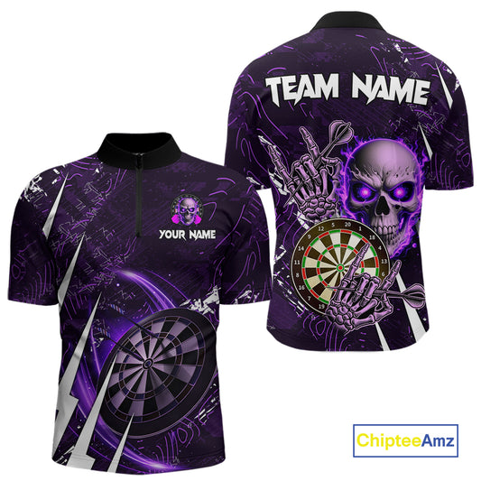 Purple 3D Skull Darts Polo & 1/4 Zip For Men Custom Darts League Team Jersey, Best Darts Gifts TDM4830