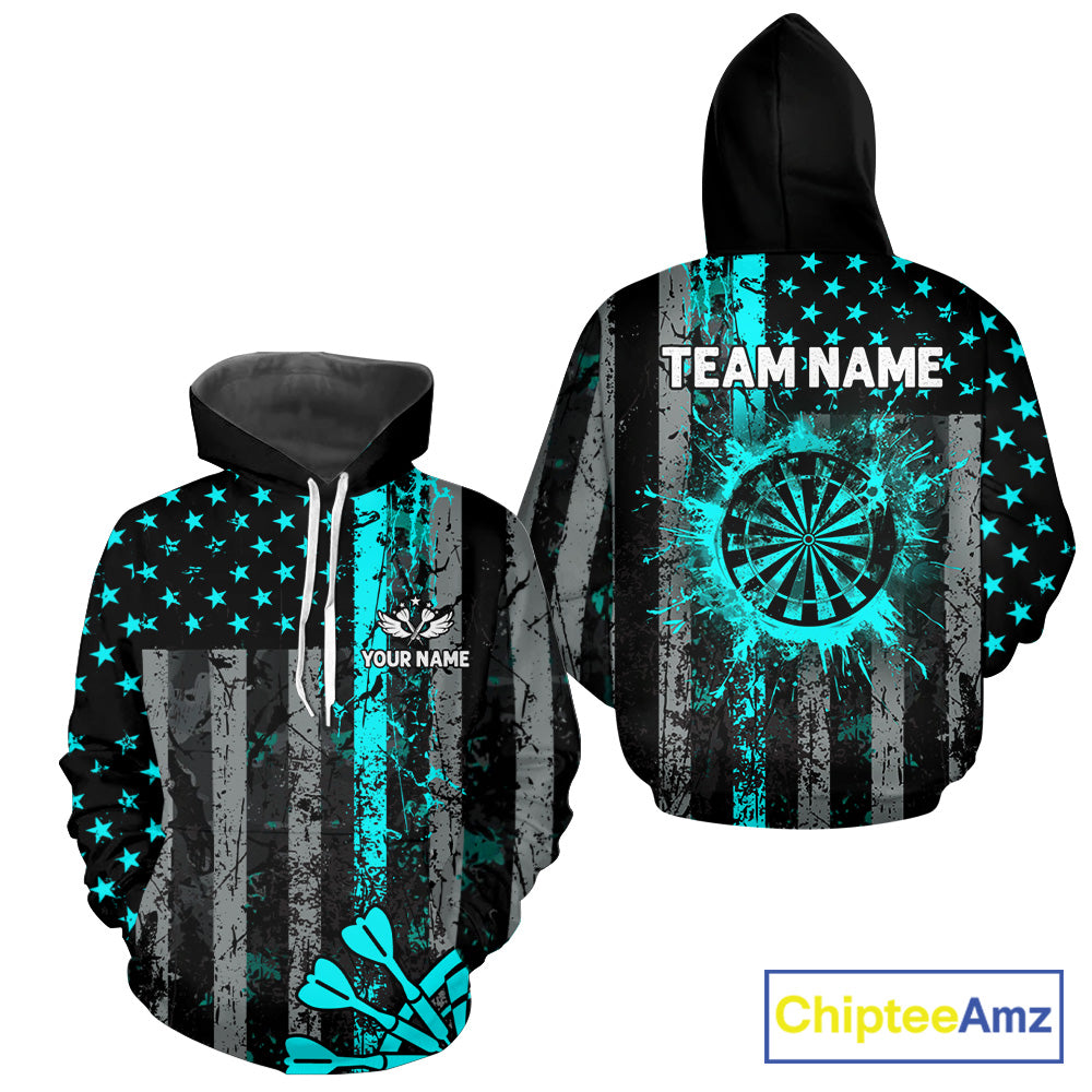 Custom Turquoise Grunge US Flag Darts Hoodie Shirt For Men Women Custom Patriotic Darts Team Jersey TDM1648