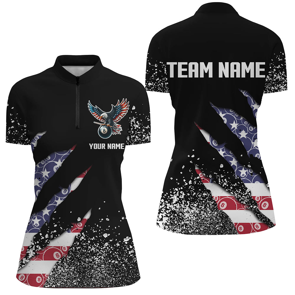 Custom Ball 8 US Flag Black Grunge Women Billiard Polo & Quarter-Zip Shirt Best Billiard Team Jersey TDM1649