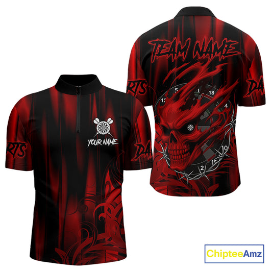 Personalized Skull Darts Shirt For Men Custom Black And Red Darts Team Jerseys Polo & 1/4 Zip TDM4403