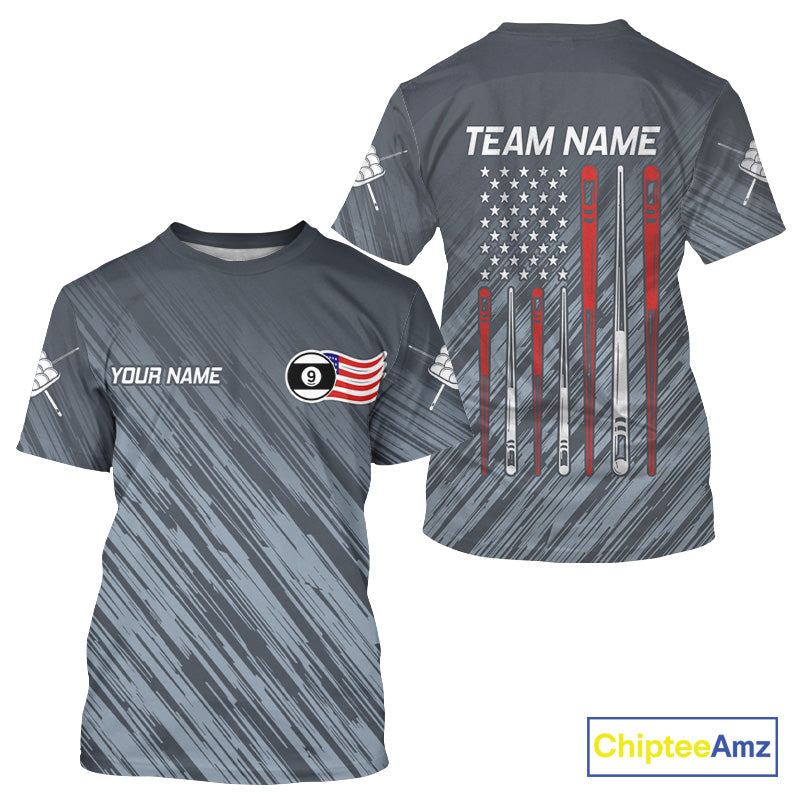 Personalized US Flag 9 Ball Pool Billiard T-Shirt For Men, Billiard League Team Jersey TDM4426