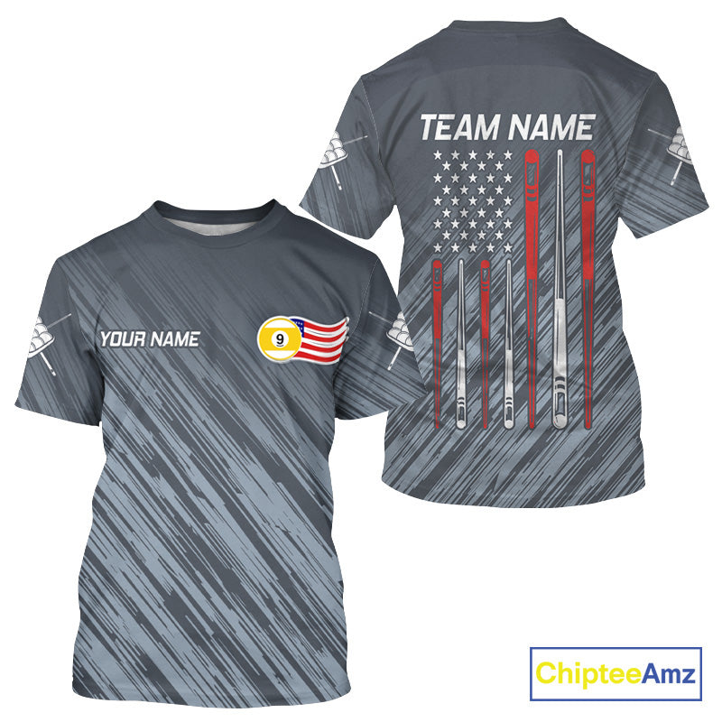 Personalized US Flag 9 Ball Pool Billiard T-Shirt For Men, Billiard League Team Jersey TDM4426