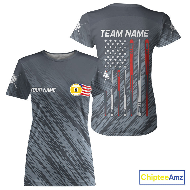 Personalized US Flag 9 Ball Pool Billiard T-Shirt For Women, Billiard League Team Jersey TDM4426