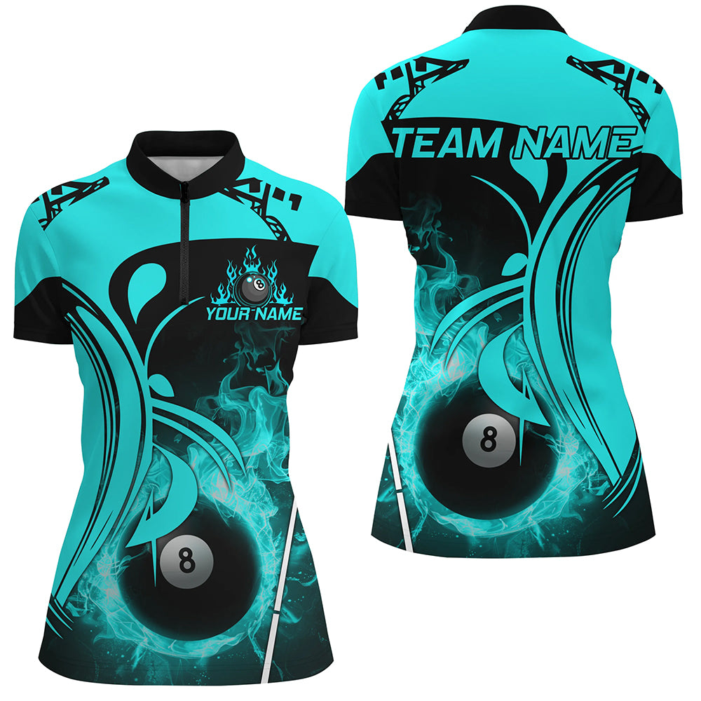 Personalized Turquoise 8 Ball Pool Fire Burned Billiard Shirts For Women Billiard League Team Jerseys TDM2826