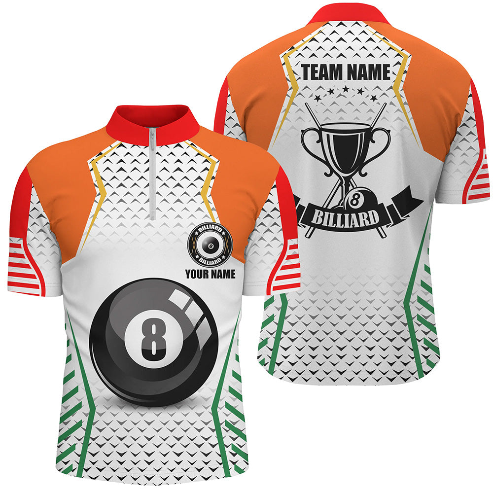 Custom Orange & Green Billiard Jerseys Men Quarter-Zip Shirt, 8 Ball Pool Billiard Uniform TDM1310