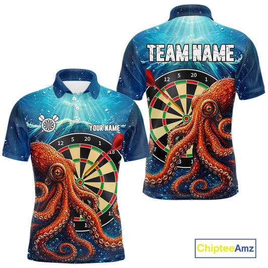 Custom Blue Funny Ocean Octopus Darts Polo Shirt Designed for Personalized Darts Team Jerseys with Premium Athletic Performance and Creative Ocean Artwork