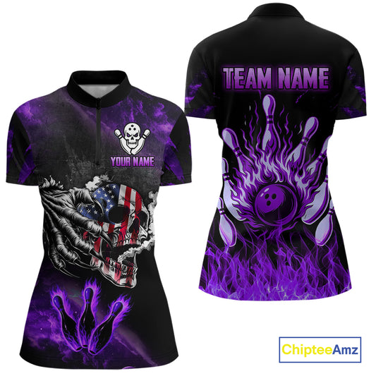 Purple Flaming American Flag Skull Bowling Shirt For Women Custom Fire Bowling Team Jersey TDM4657