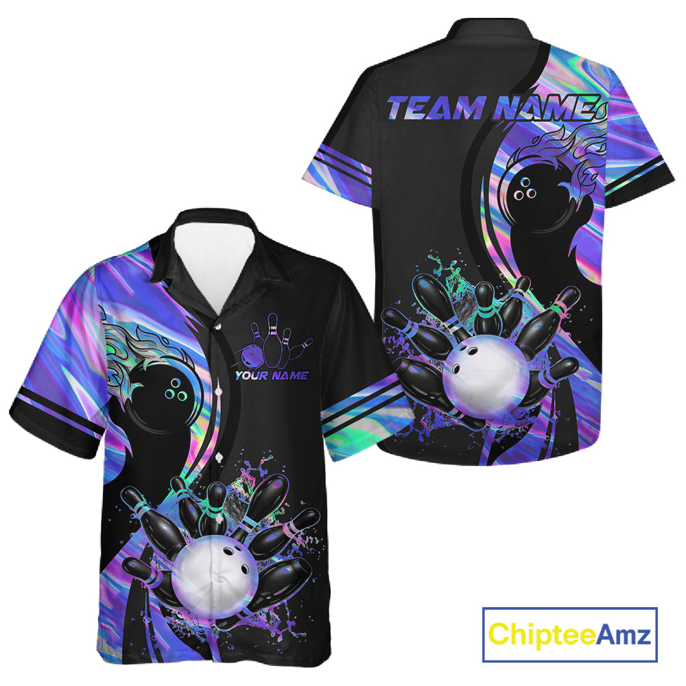 Black And Holographic Splatter Bowling Hawaiian Shirt For Men Women Custom Bowling Button-Up Shirt TDM7654