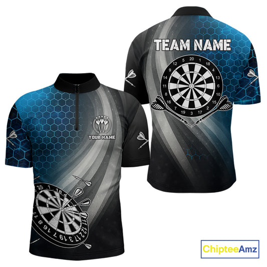Custom Men's Dart Shirt – Black Blue Hexagon Design Darts Team Jersey | Polo & Quarter Zip Uniform TDM4074