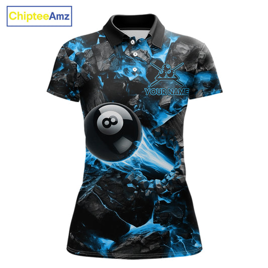 Personalized Blue 8 Ball 9 Ball Fire Billiard Polo Shirt Featuring Bold Flame Artwork for Pool League Players, Team Competition, and Tournament Events