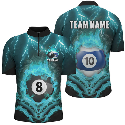 Billiard 8 & 10 Ball Fire Lightning Men Polo & 1/4 Zip Shirts Custom Billiard Jersey |Turquoise TDM1915