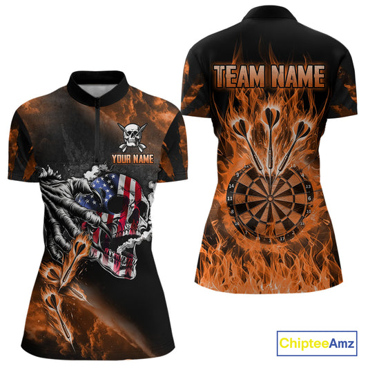 Fire Flame Darts Board American Flag Skull Dart Shirts For Women Custom Darts Team Jerseys |Orange TDM4267